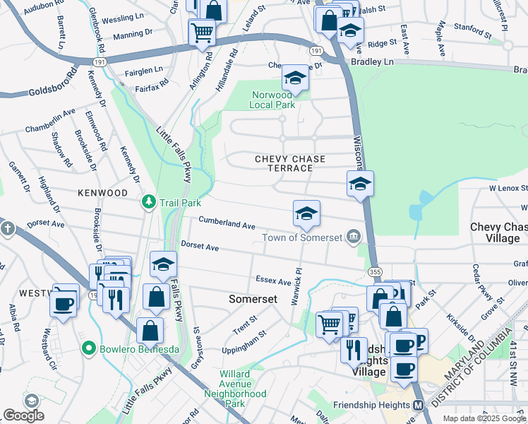 map of restaurants, bars, coffee shops, grocery stores, and more near 4804 Drummond Avenue in Chevy Chase