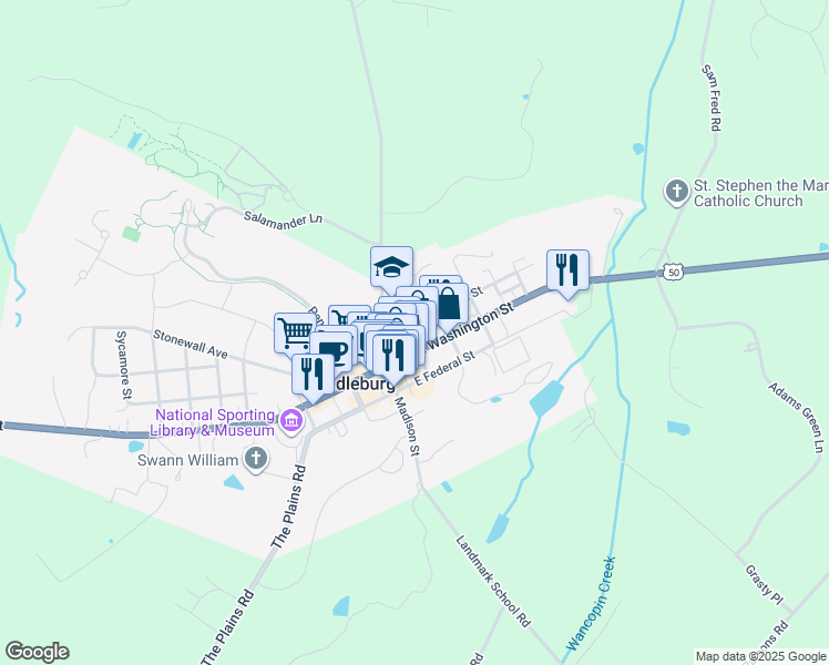 map of restaurants, bars, coffee shops, grocery stores, and more near 5 North Liberty Street in Middleburg