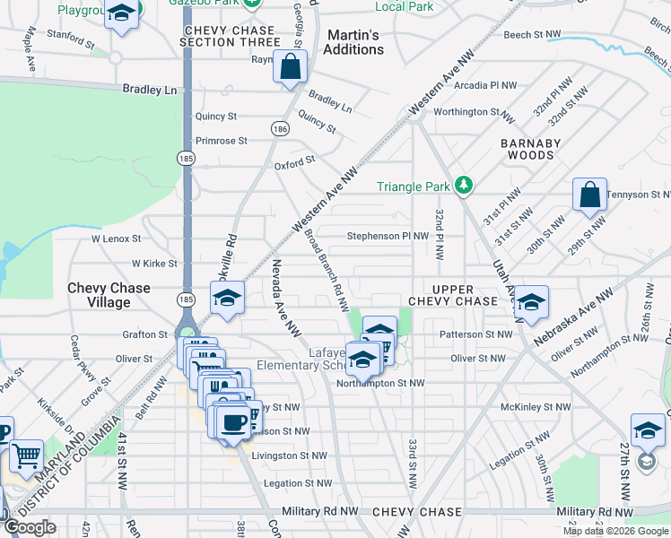 map of restaurants, bars, coffee shops, grocery stores, and more near 6101 Broad Branch Road Northwest in Washington
