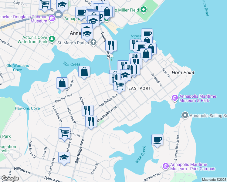 map of restaurants, bars, coffee shops, grocery stores, and more near 607 Severn Avenue in Annapolis