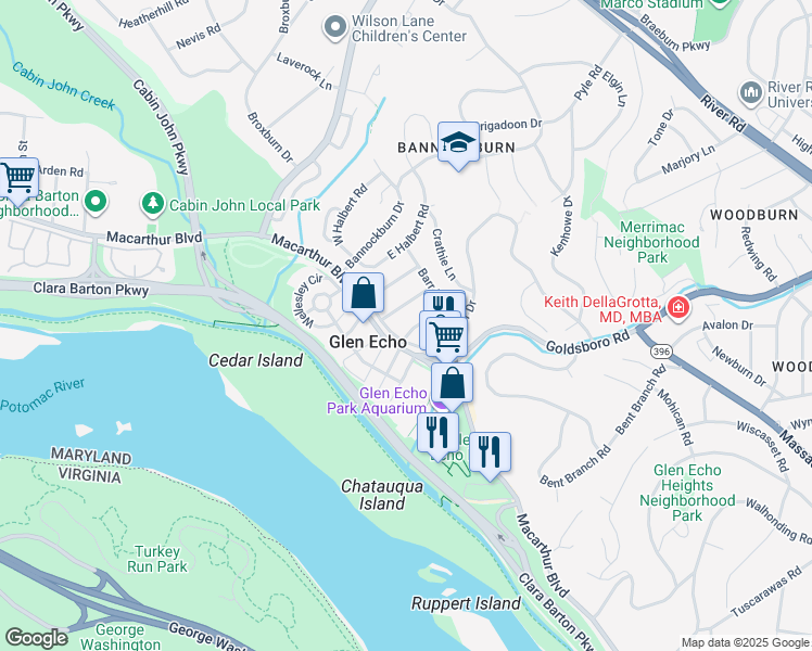 map of restaurants, bars, coffee shops, grocery stores, and more near 6204 Dunrobbin Drive in Bethesda