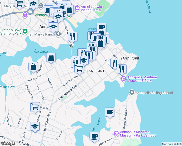 map of restaurants, bars, coffee shops, grocery stores, and more near 416 Chesapeake Avenue in Annapolis