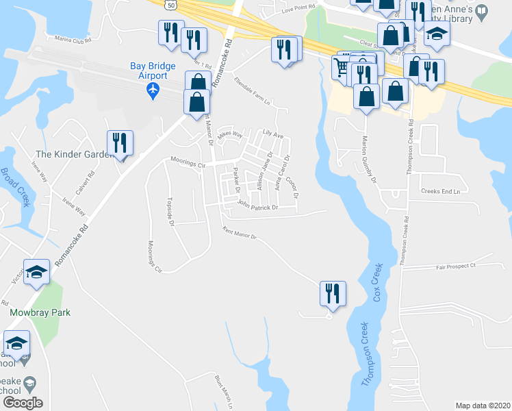 map of restaurants, bars, coffee shops, grocery stores, and more near 103 Allison Jane Drive in Stevensville