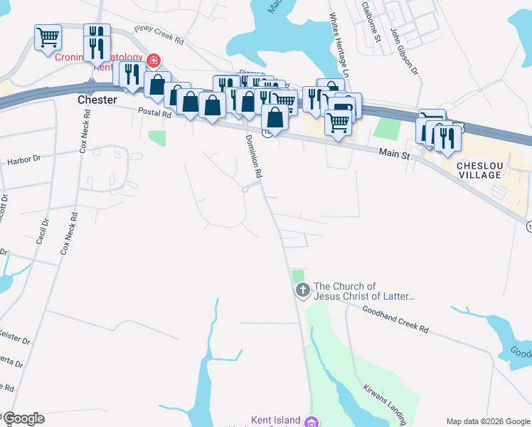 map of restaurants, bars, coffee shops, grocery stores, and more near 240 Dominion Road in Chester