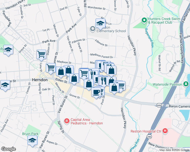 map of restaurants, bars, coffee shops, grocery stores, and more near 492 Elden Street in Herndon