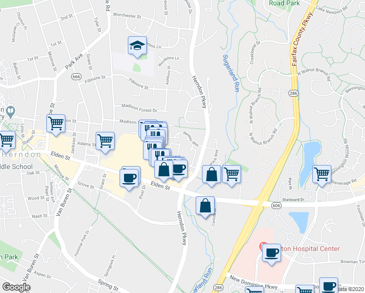 map of restaurants, bars, coffee shops, grocery stores, and more near 148 Herndon Mill Circle in Herndon