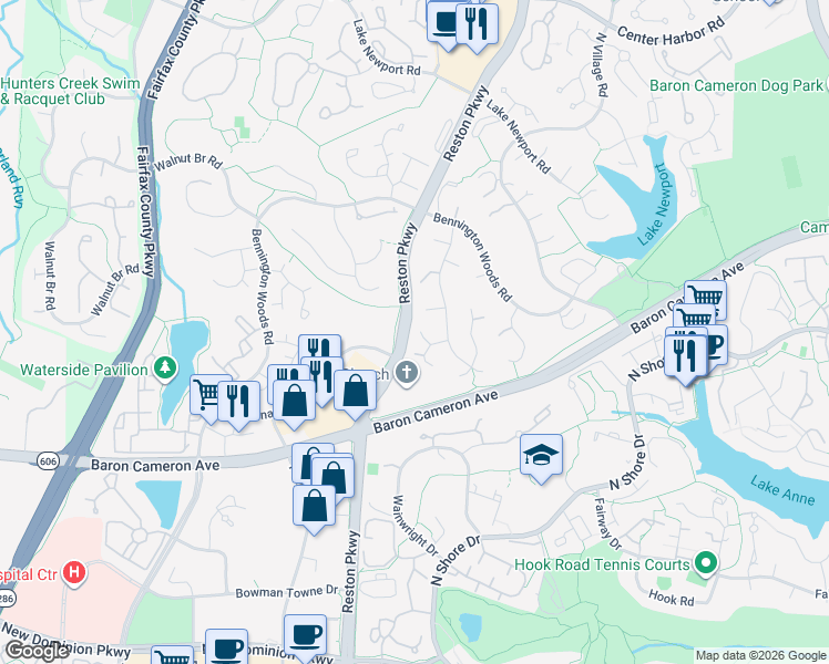 map of restaurants, bars, coffee shops, grocery stores, and more near 11678 Stockbridge Lane in Reston