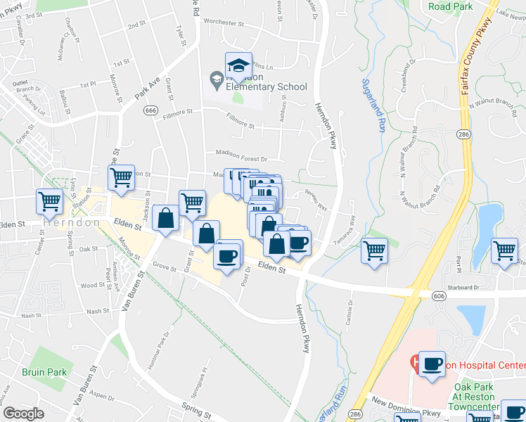 map of restaurants, bars, coffee shops, grocery stores, and more near 408 Elden Street in Herndon