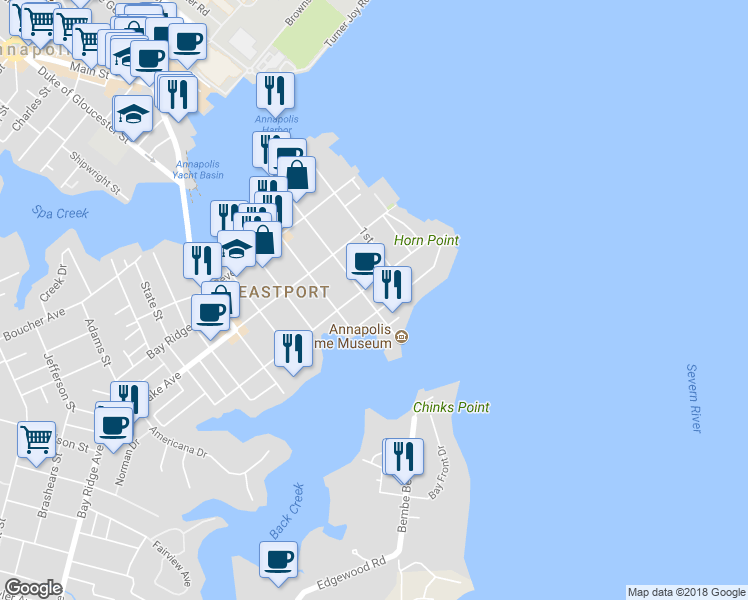 map of restaurants, bars, coffee shops, grocery stores, and more near 613 2nd Street in Annapolis