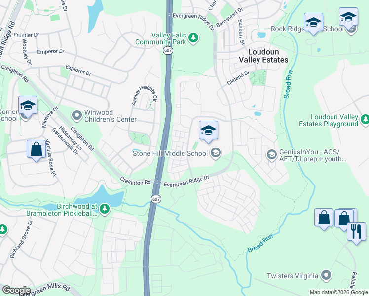 map of restaurants, bars, coffee shops, grocery stores, and more near 23381 Carters Meadow Terrace in Ashburn