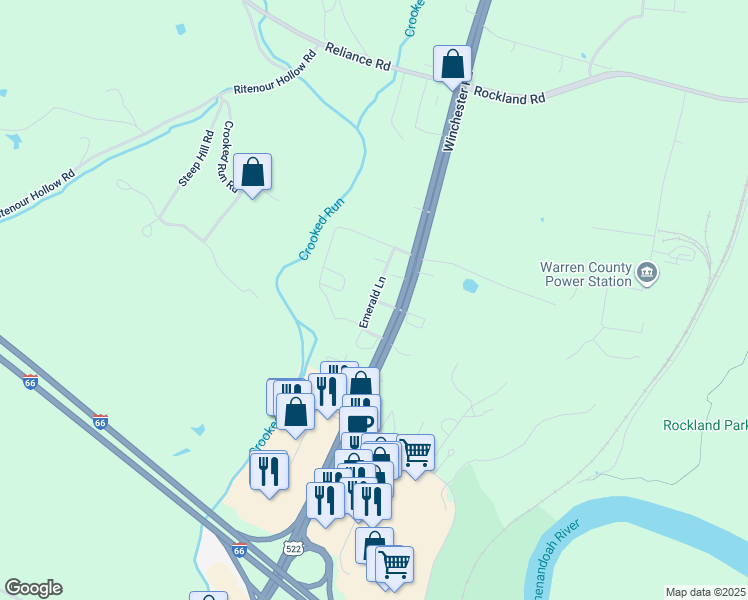 map of restaurants, bars, coffee shops, grocery stores, and more near Emerald Lane in Front Royal