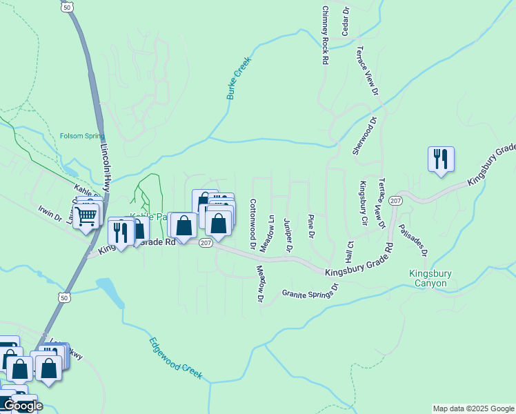 map of restaurants, bars, coffee shops, grocery stores, and more near 176 Meadow Lane in Stateline