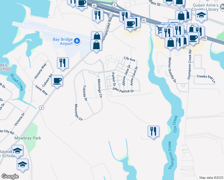 map of restaurants, bars, coffee shops, grocery stores, and more near 128 John Patrick Drive in Stevensville