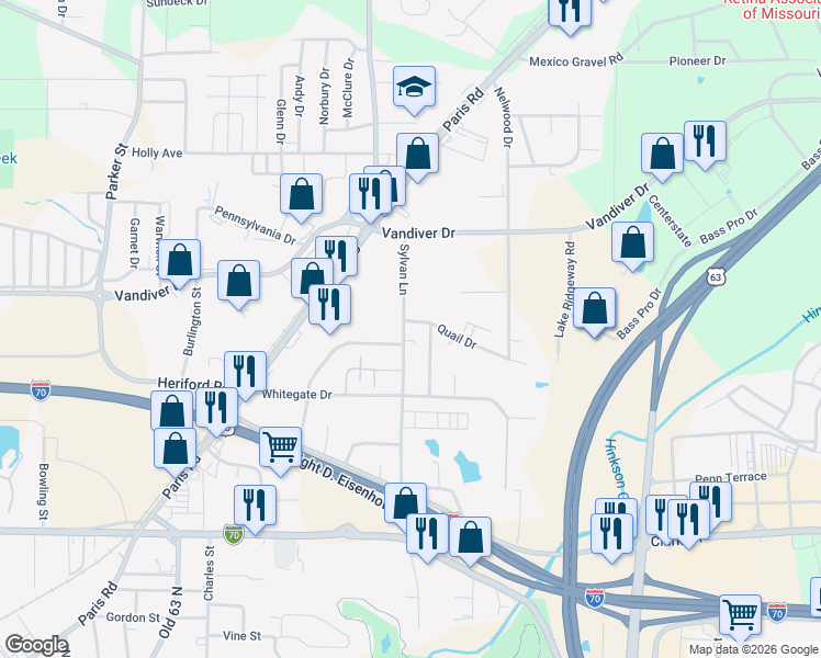 map of restaurants, bars, coffee shops, grocery stores, and more near 2414 Quail Drive in Columbia