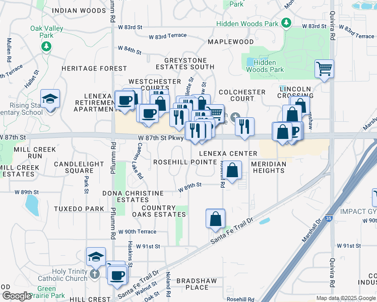 map of restaurants, bars, coffee shops, grocery stores, and more near 13108 Gillette Street in Lenexa