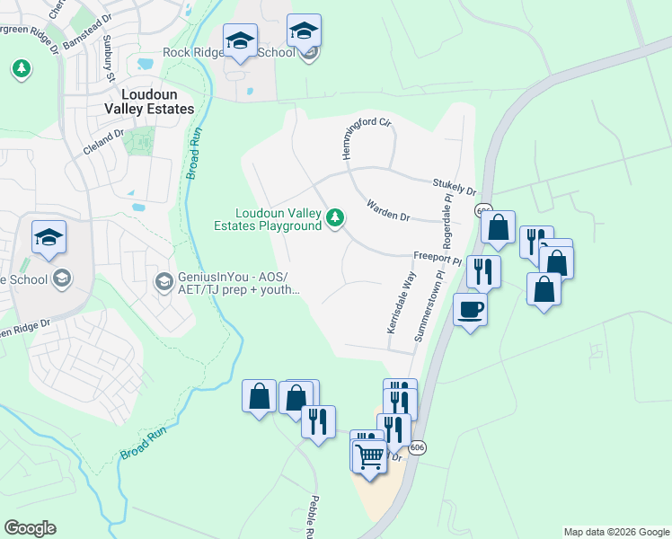 map of restaurants, bars, coffee shops, grocery stores, and more near 23357 Lennoxville Way in Sterling