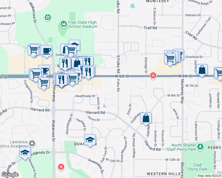 map of restaurants, bars, coffee shops, grocery stores, and more near 625 Folks Road in Lawrence