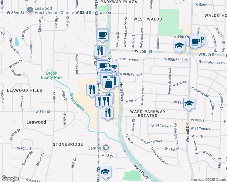 map of restaurants, bars, coffee shops, grocery stores, and more near 8600 Ward Parkway in Kansas City