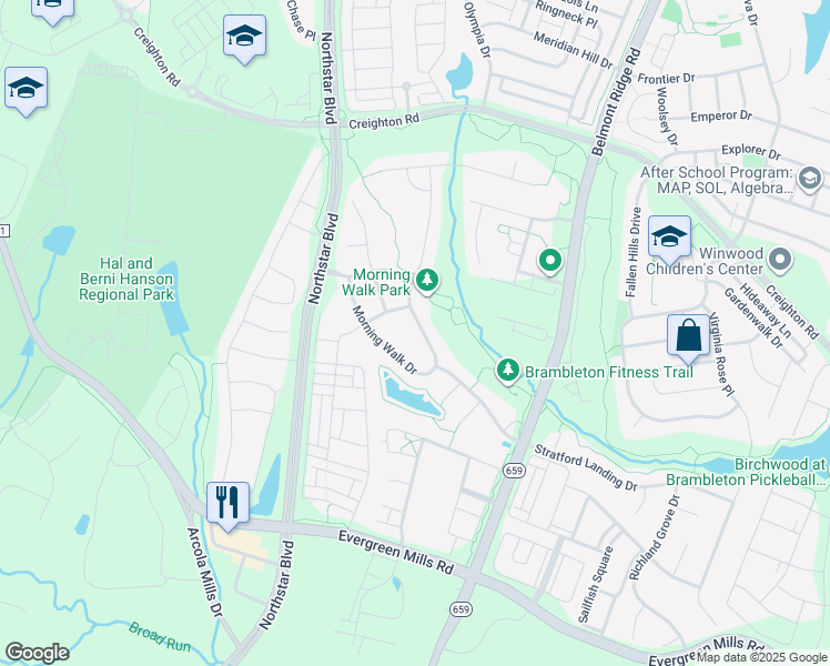 map of restaurants, bars, coffee shops, grocery stores, and more near 23333 Morning Walk Drive in Ashburn