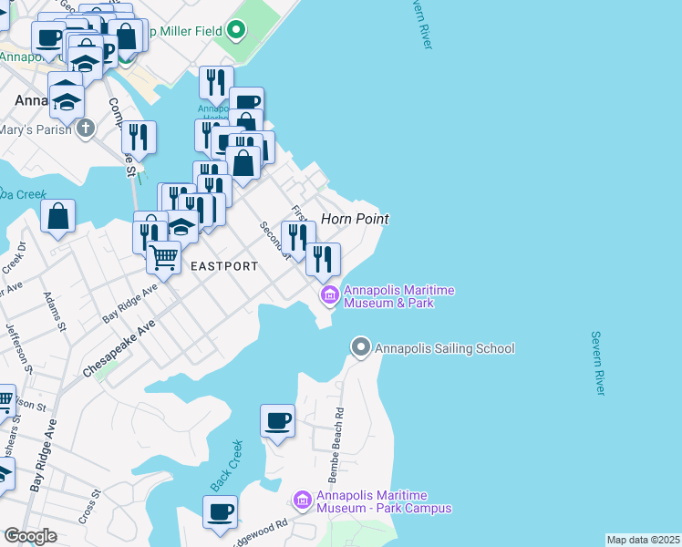 map of restaurants, bars, coffee shops, grocery stores, and more near 101 Eastern Avenue in Annapolis