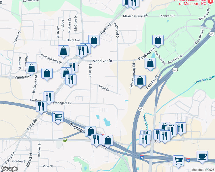 map of restaurants, bars, coffee shops, grocery stores, and more near 2607 Quail Drive in Columbia