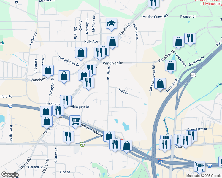map of restaurants, bars, coffee shops, grocery stores, and more near 1710 Sylvan Lane in Columbia