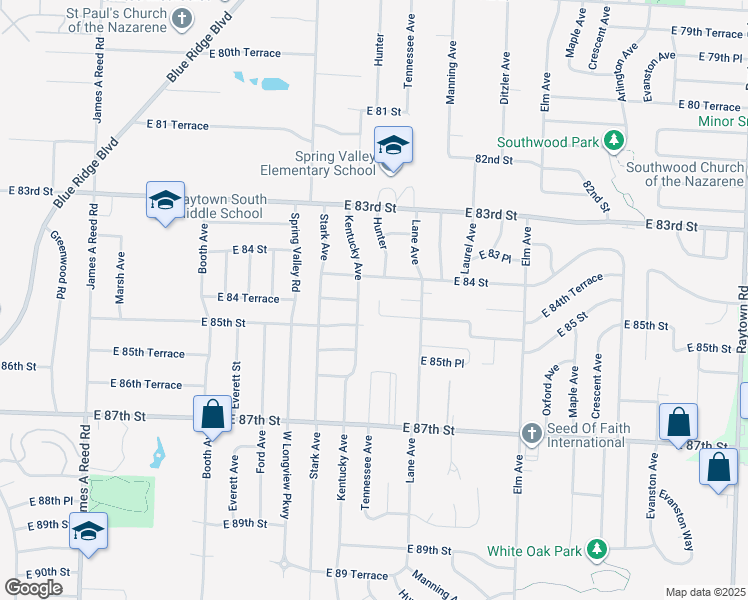 map of restaurants, bars, coffee shops, grocery stores, and more near 8450 Lane Drive in Raytown