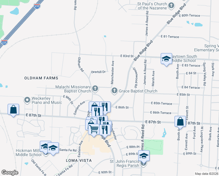 map of restaurants, bars, coffee shops, grocery stores, and more near 7609 East 85 Street in Kansas City