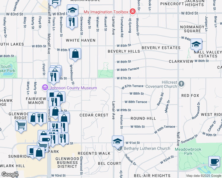 map of restaurants, bars, coffee shops, grocery stores, and more near 6544 West 89th Street in Overland Park