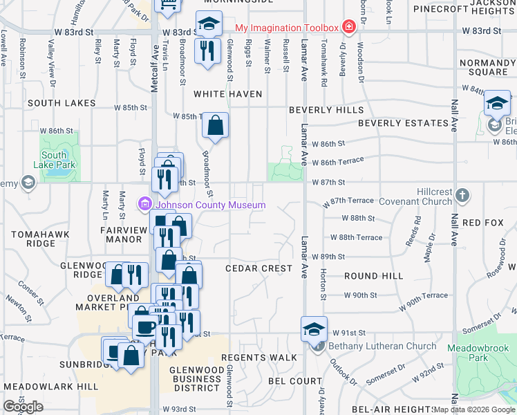 map of restaurants, bars, coffee shops, grocery stores, and more near 6536 West 89th Street in Overland Park