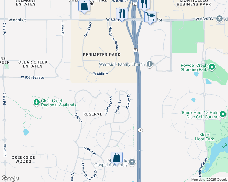 map of restaurants, bars, coffee shops, grocery stores, and more near 8719 Dunraven Street in Lenexa