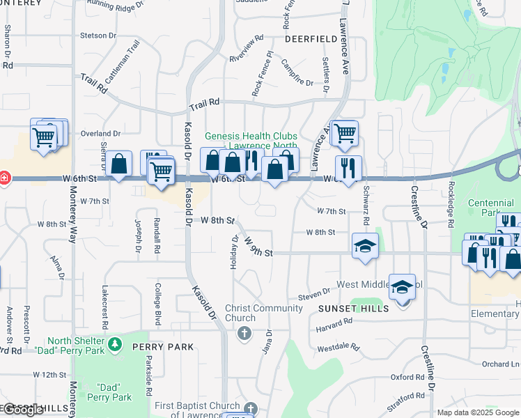 map of restaurants, bars, coffee shops, grocery stores, and more near 660 Gateway Court in Lawrence