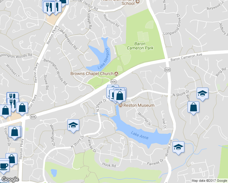 map of restaurants, bars, coffee shops, grocery stores, and more near 11401 North Shore Drive in Reston