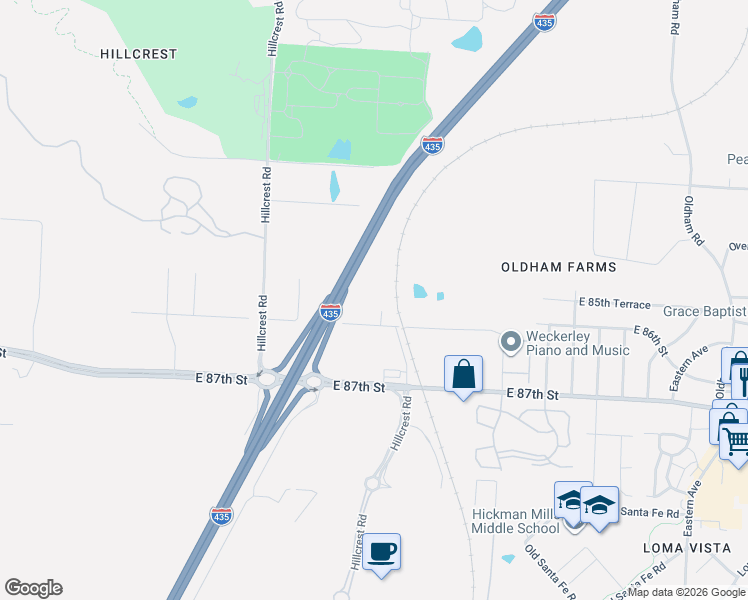 map of restaurants, bars, coffee shops, grocery stores, and more near 6200 East 86th Street in Kansas City