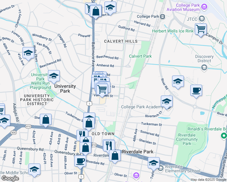 map of restaurants, bars, coffee shops, grocery stores, and more near 4600 Van Buren Street in Riverdale Park