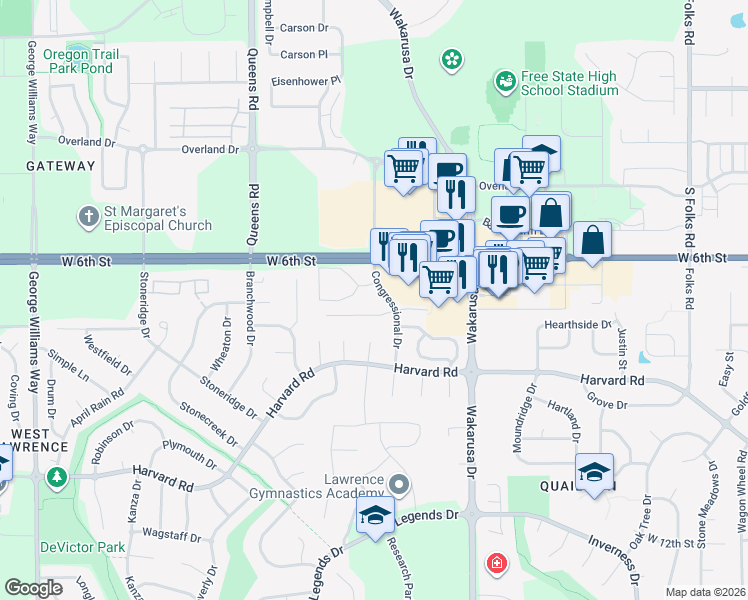 map of restaurants, bars, coffee shops, grocery stores, and more near 5111 Congressional Circle in Lawrence