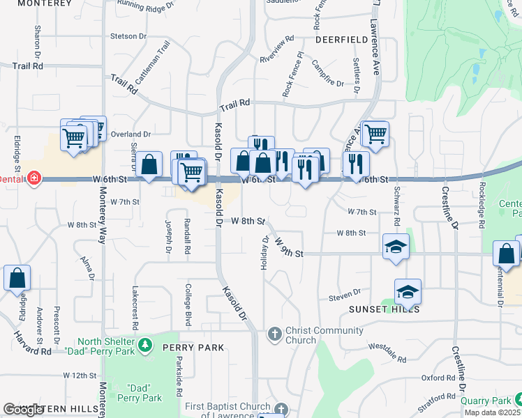 map of restaurants, bars, coffee shops, grocery stores, and more near 3326 West 8th Street in Lawrence