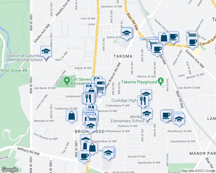 map of restaurants, bars, coffee shops, grocery stores, and more near 6601 Piney Branch Road Northwest in Washington