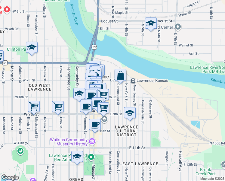 map of restaurants, bars, coffee shops, grocery stores, and more near 732 Rhode Island Street in Lawrence