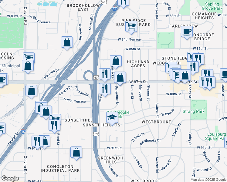 map of restaurants, bars, coffee shops, grocery stores, and more near 8750 Ballentine Street in Overland Park