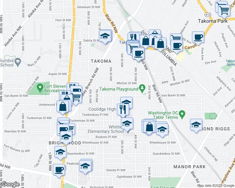 map of restaurants, bars, coffee shops, grocery stores, and more near 515 Van Buren Street Northwest in Washington