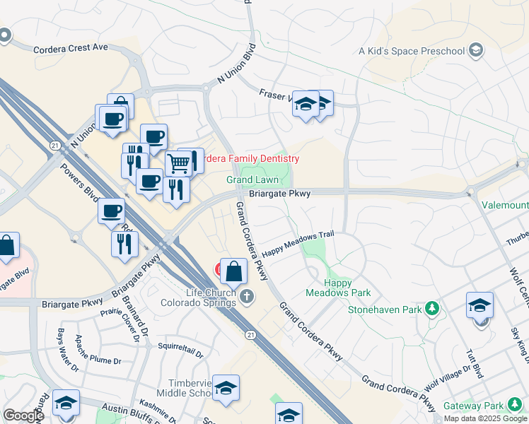 map of restaurants, bars, coffee shops, grocery stores, and more near 9564 Lizard Rock Trail in Colorado Springs
