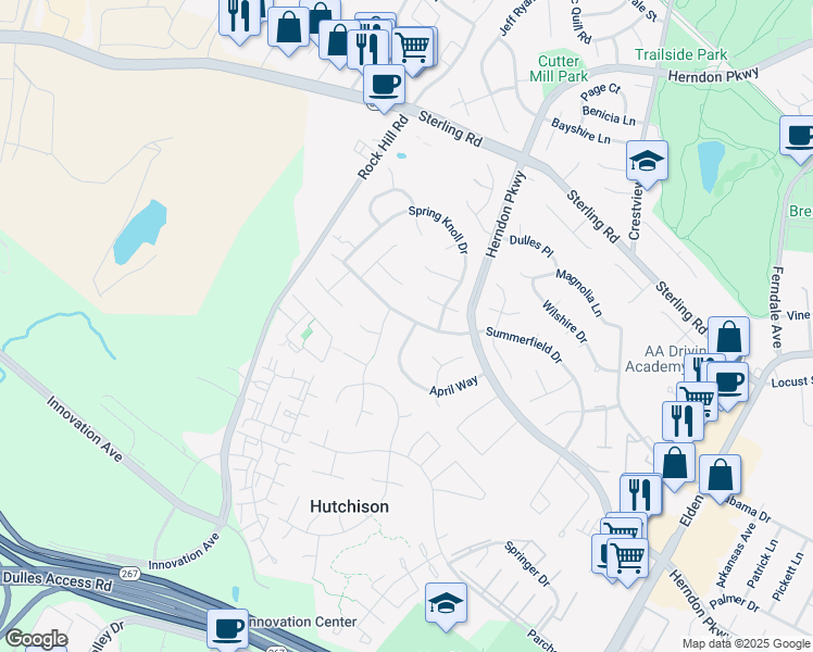 map of restaurants, bars, coffee shops, grocery stores, and more near 1317 Summerfield Drive in Herndon
