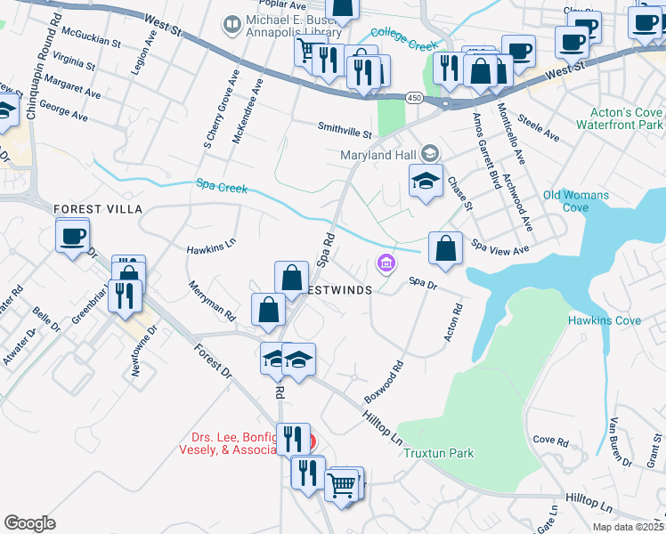 map of restaurants, bars, coffee shops, grocery stores, and more near 4 Silopanna Road in Annapolis