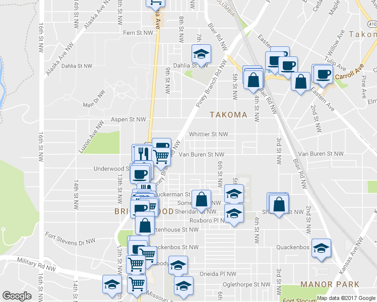 map of restaurants, bars, coffee shops, grocery stores, and more near 719 Van Buren Street Northwest in Washington