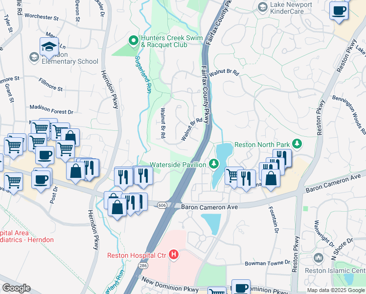 map of restaurants, bars, coffee shops, grocery stores, and more near 12058 Summer Meadow Lane in Reston