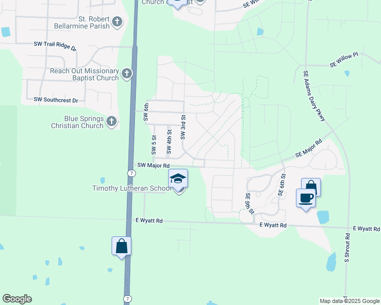 map of restaurants, bars, coffee shops, grocery stores, and more near 278 Southwest Carson Drive in Blue Springs