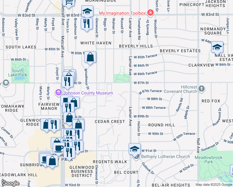map of restaurants, bars, coffee shops, grocery stores, and more near 6536 West 89th Street in Overland Park