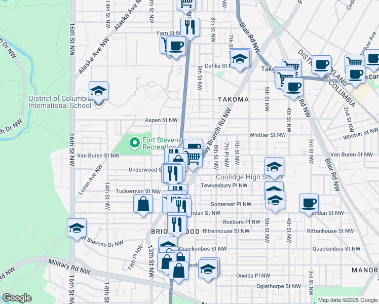 map of restaurants, bars, coffee shops, grocery stores, and more near 863 Van Buren Street Northwest in Washington