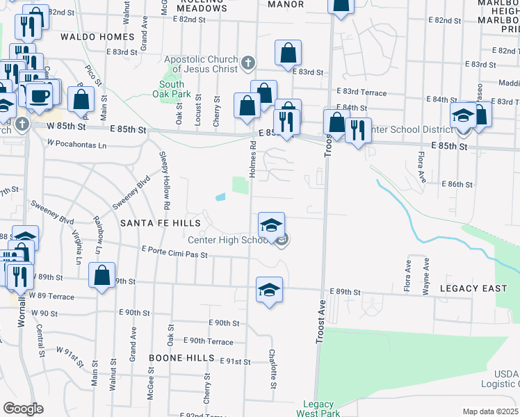 map of restaurants, bars, coffee shops, grocery stores, and more near 8619 Holmes Road in Kansas City